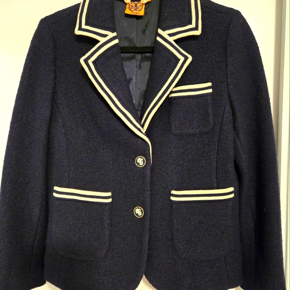 Beautiful Tory Burch Blazer.     Size M Navy Blue With White